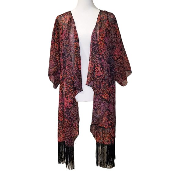 LuLaRoe Sweaters - LuLaRoe Boho Flowy Sheer Duster Cardigan LARGE Black Multi Kimono w/ Fringe